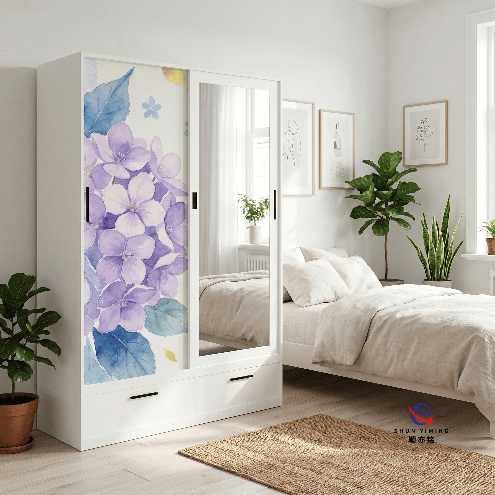 High Quality Hot Selling Customized Steel and Iron Storage Locker with Mirror, 2-Door Metal Wardrobe for Bedroom Home Furniture