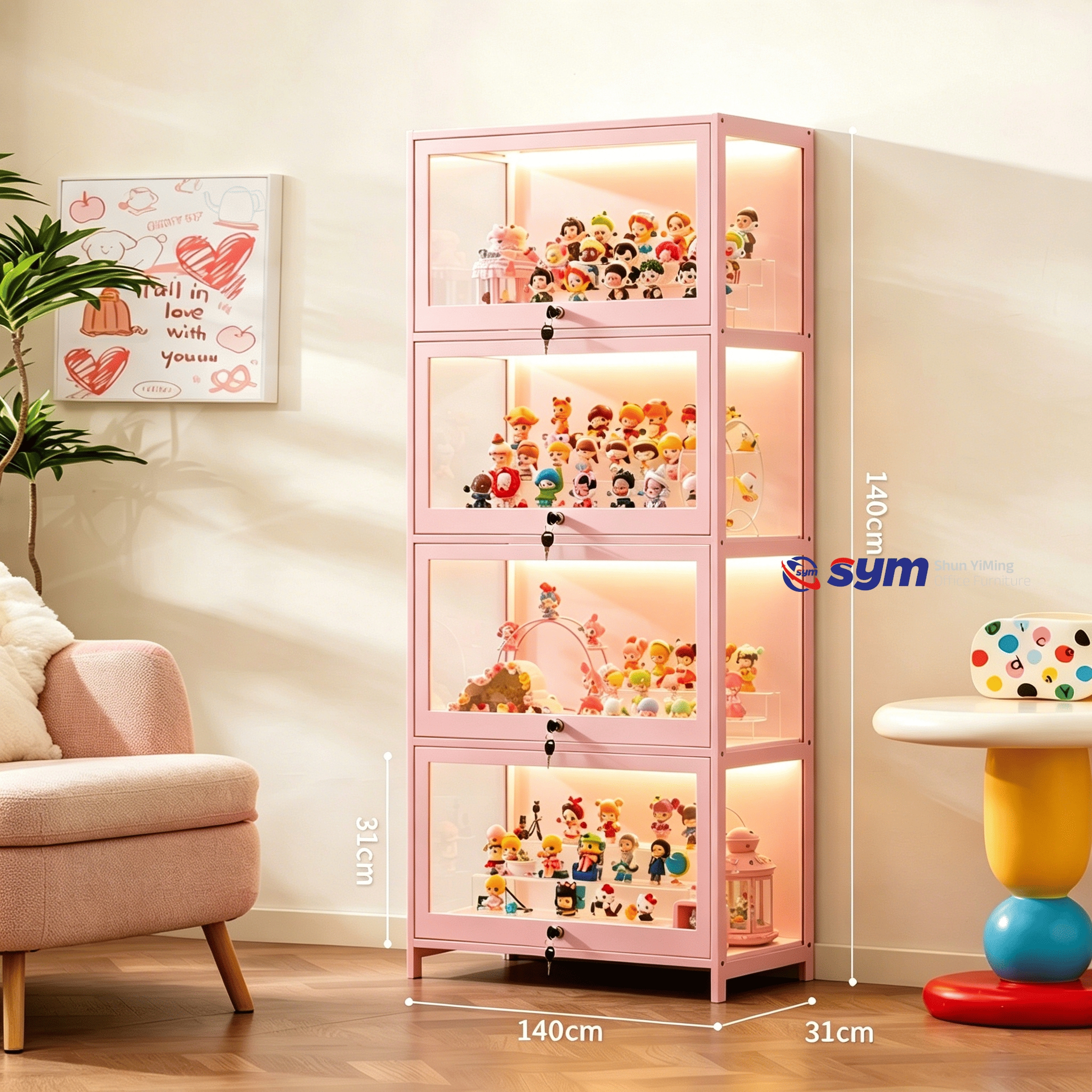 High Transparency Glass Curio Cabinet with Metal Frame, Dustproof Action Figure Showcase for Living Room Storage