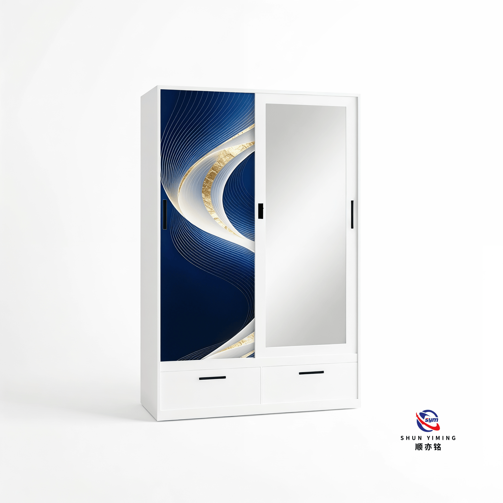 2 Door Printed Steel Wardrobe with Mirror, Large Capacity Metal Bedroom Clothes Cabinet with Elegant Graphic Print