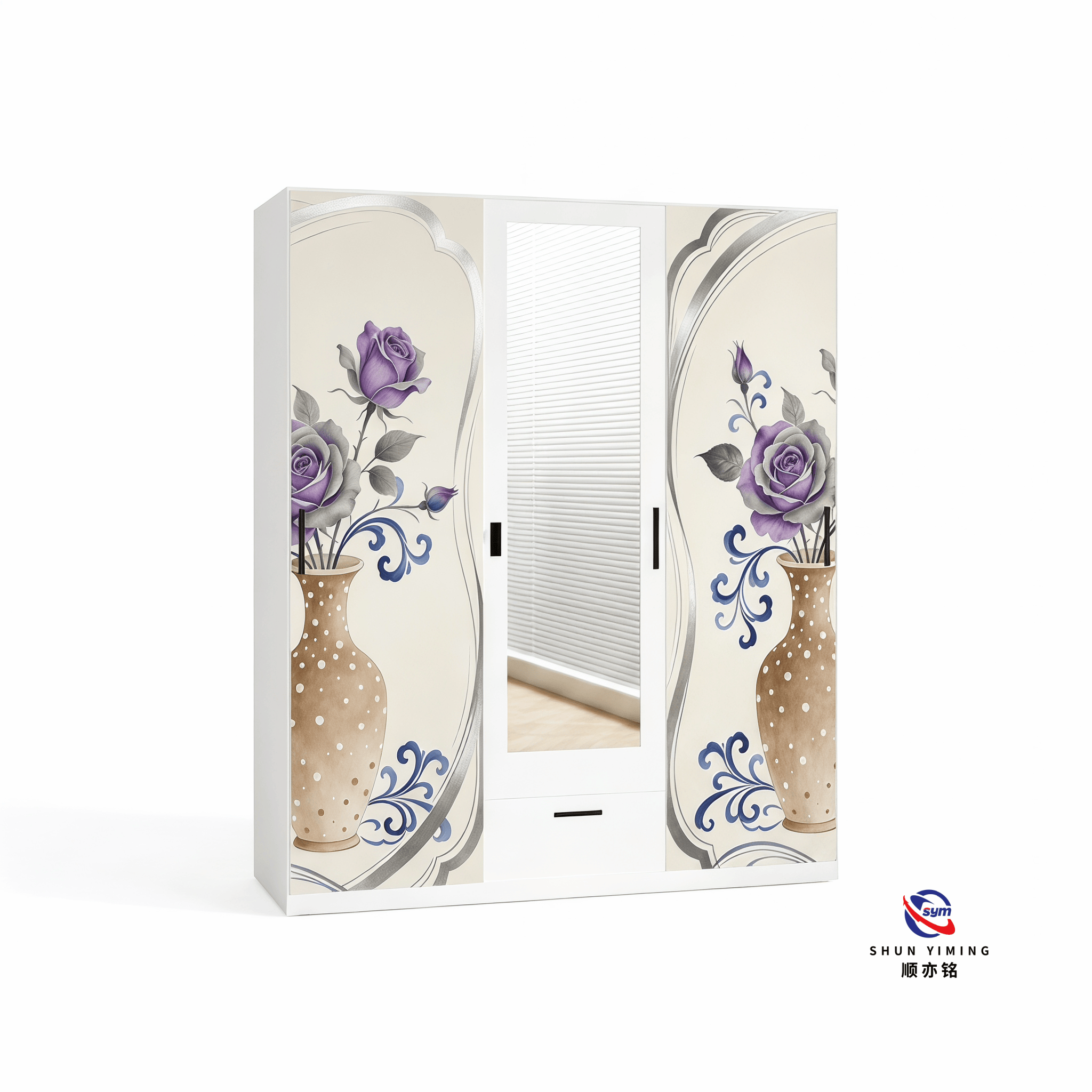 Multi Shelf Printed Steel Wardrobe, Vertical Metal Bedroom Clothes Storage Cabinet with Modern Decorative Design
