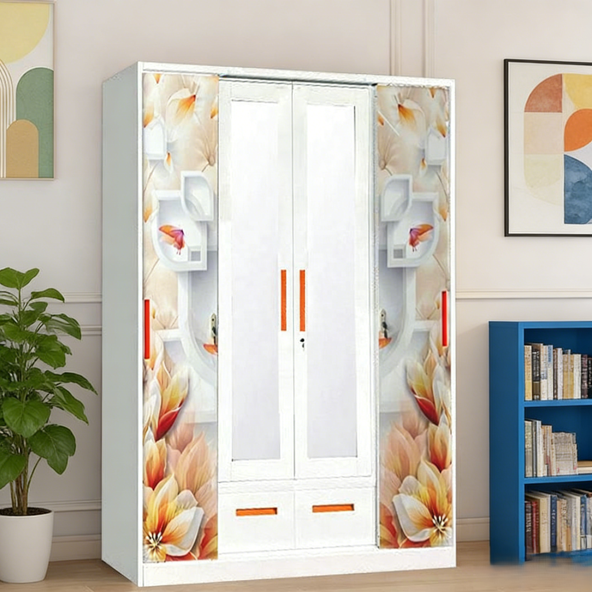 Sturdy Durable Modern 4-Door Steel Printed Lockable Wardrobe with 2 Mirrors 2 Drawers Hanging Rail for Bedroom Organization