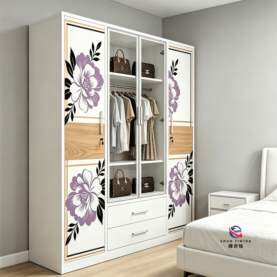Durable 0.6mm Steel Printed Bedroom Wardrobe, Heavy Duty Metal Clothes Closet with Scratch-resistant Pattern Door