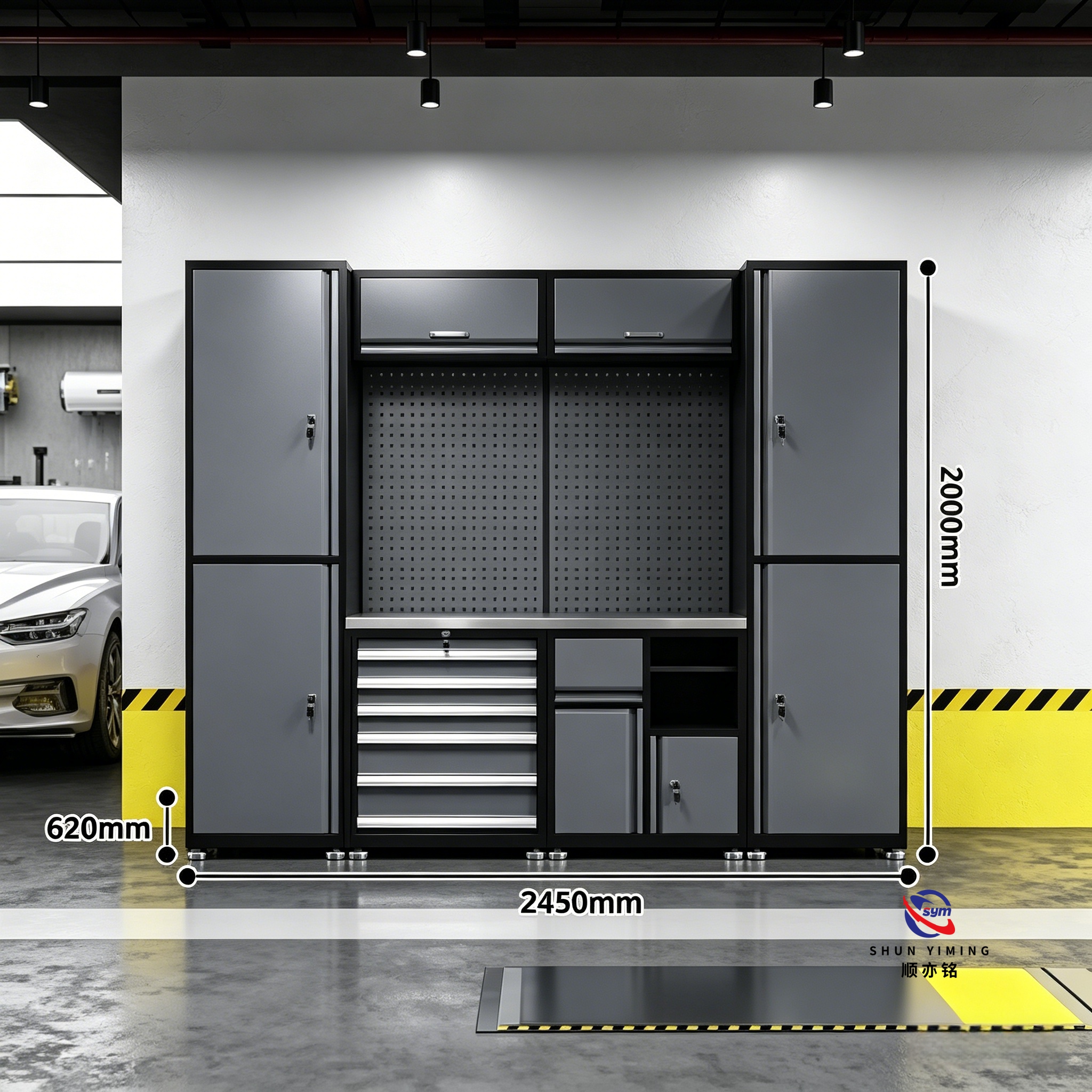 Modular Steel Workbench System, Professional Combined Tool Station with Pegboard & Storage Cabinets for Garage