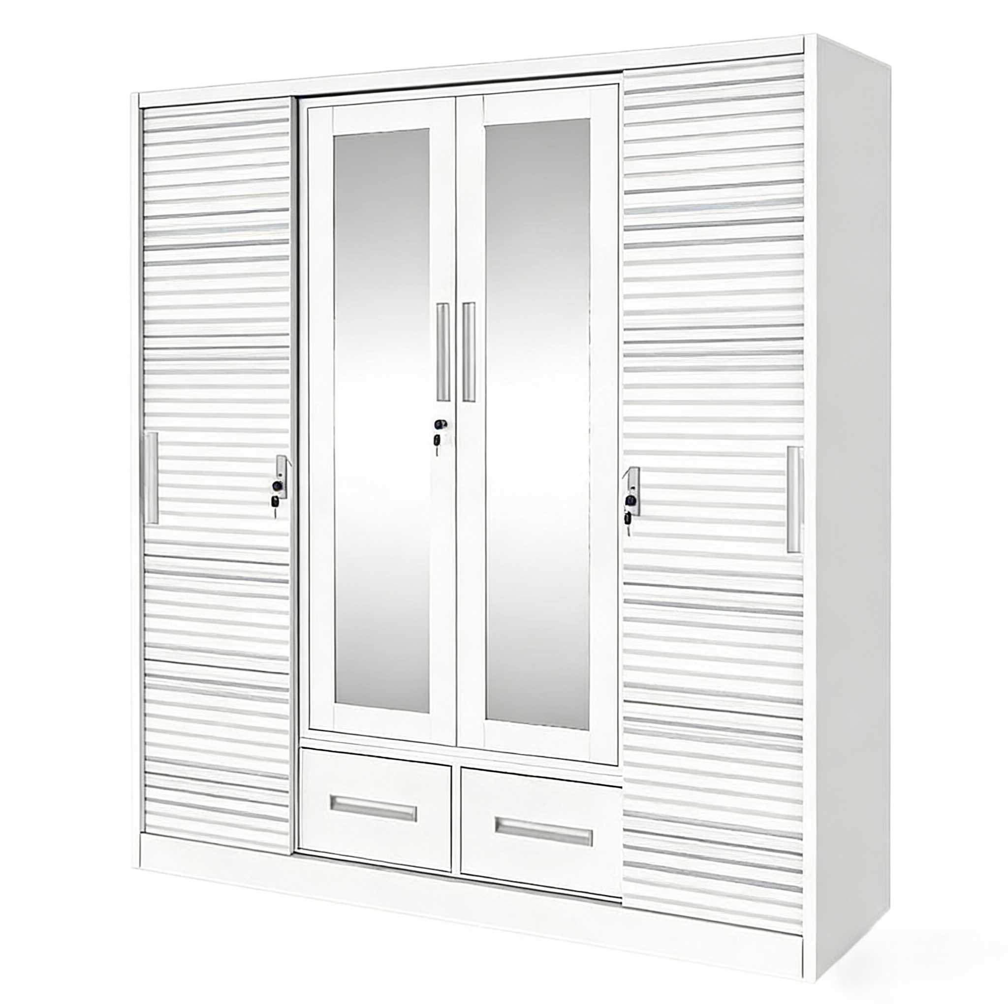 Premium Steel Printed 4-Door Wardrobe Armoire with 2 Mirrors, 2 Drawers and Durable Swing Doors with Lock for Bedroom Storage