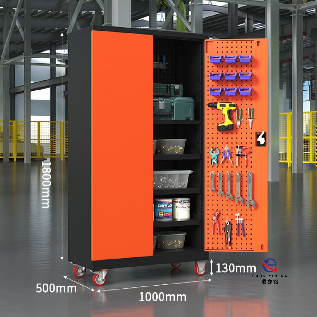 Cold Rolled Steel Tool Cabinet with Pegboard Doors, Heavy Duty Metal Workshop Storage Wardrobe with Mechanical Lock