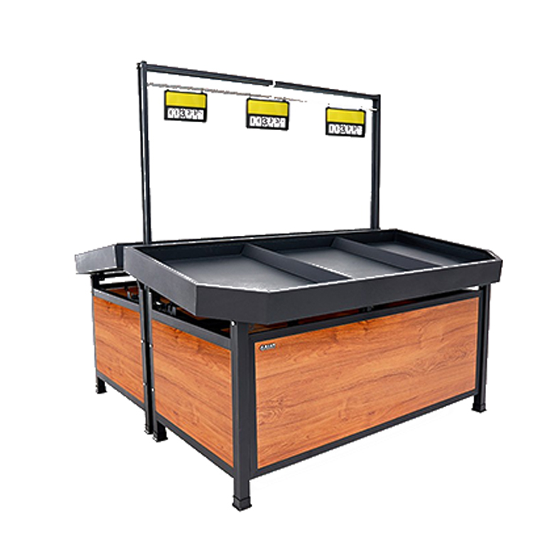 Supermarket Store Display Rack Case Double-Sided Wooden Fruit and Vegetable Rack Heavy-Duty Wood with Metallic Material