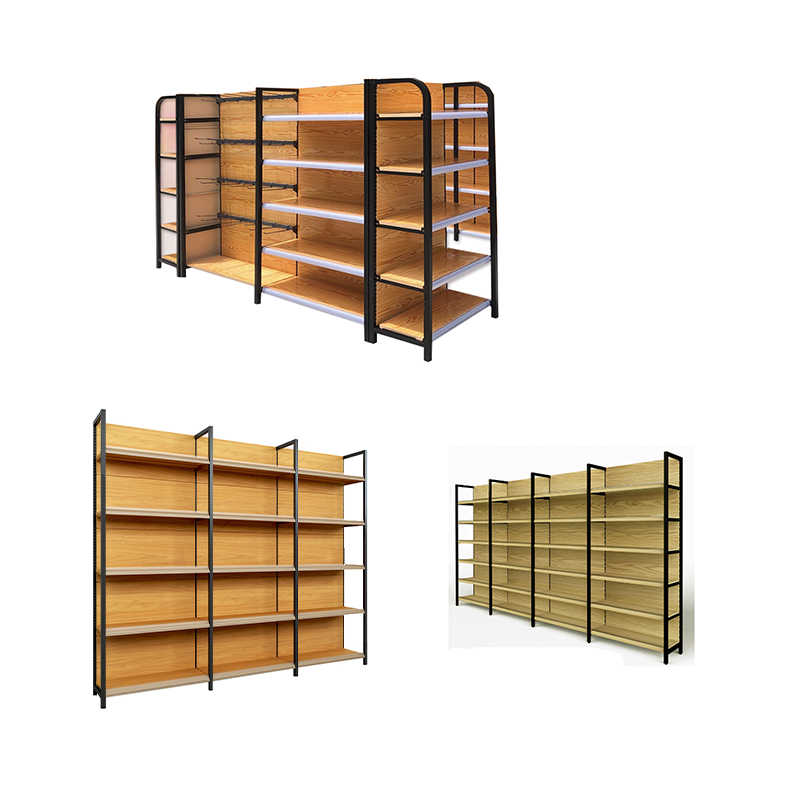 Gui Chang 40-80KG Yellow Wood Grain 4 Post Supermarket Wood Grain Supermarket Rack, Double Sided Supermarket