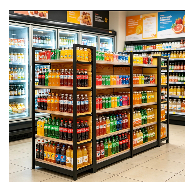 Gui Chang 40-80KG Yellow Wood Grain 4 Post Supermarket Wood Grain Supermarket Rack, Double Sided Supermarket