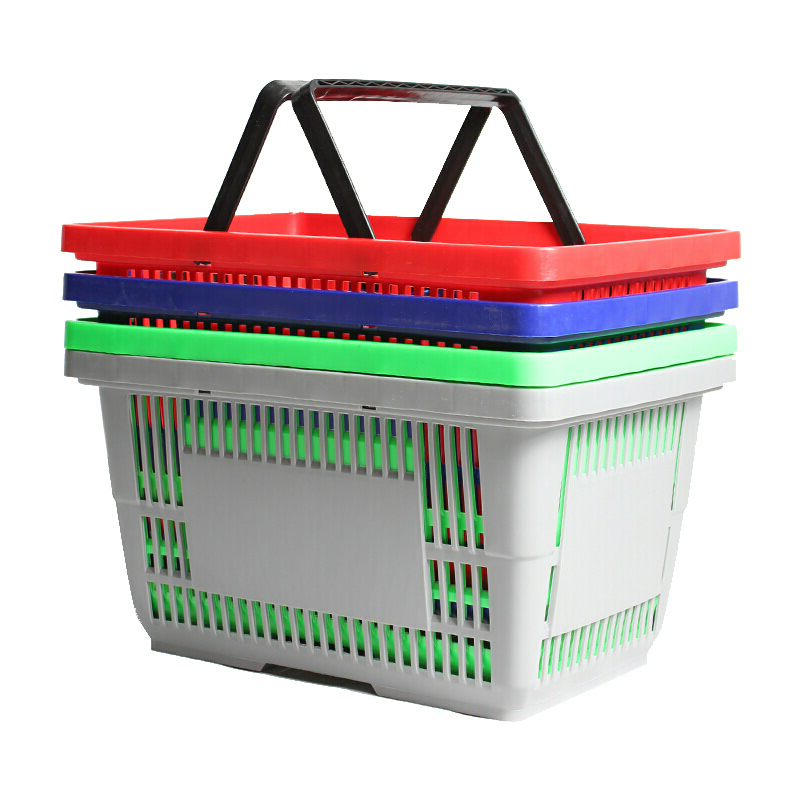 Multi Color Plastic Shopping Baskets with Ergonomic Handles Stackable Design for Supermarket Retail Store Use