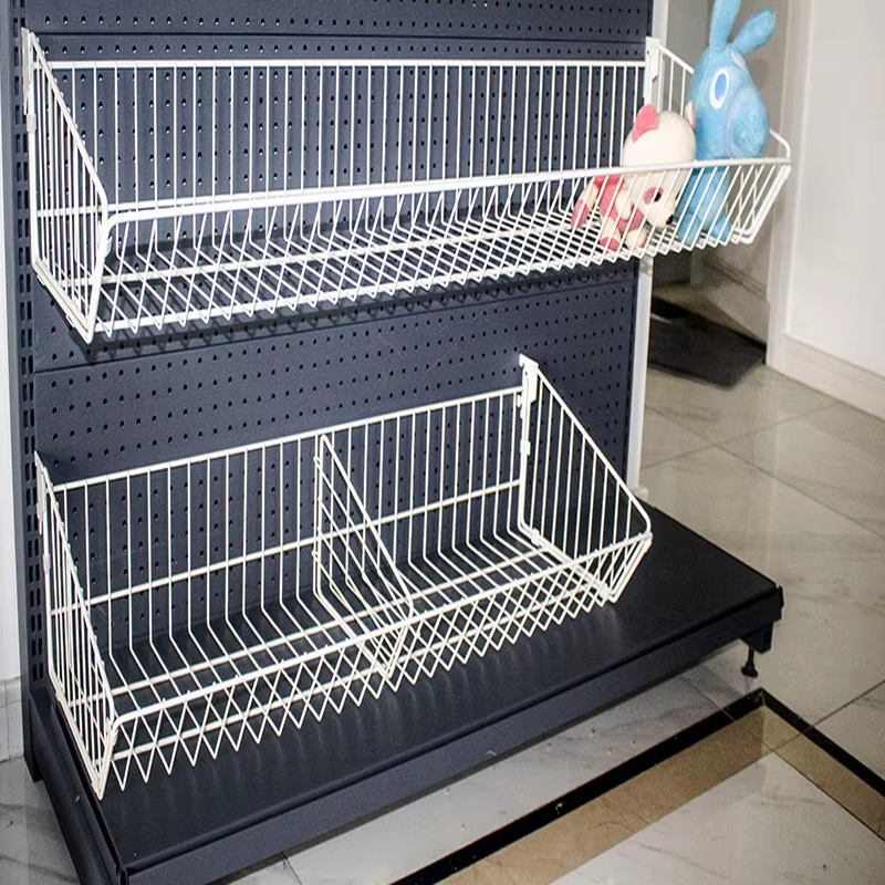 Stable Structure Guichang Customized Size of Metal Hanging Basket for Supermarket Shelf With Four Columns and Wood Grain