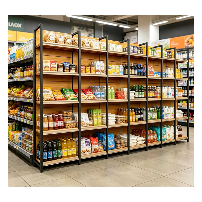 Gui Chang 40-80KG Yellow Wood Grain Print Metal Supermarket Gondola Shelving Adjustable Grocery Store Display Rack
