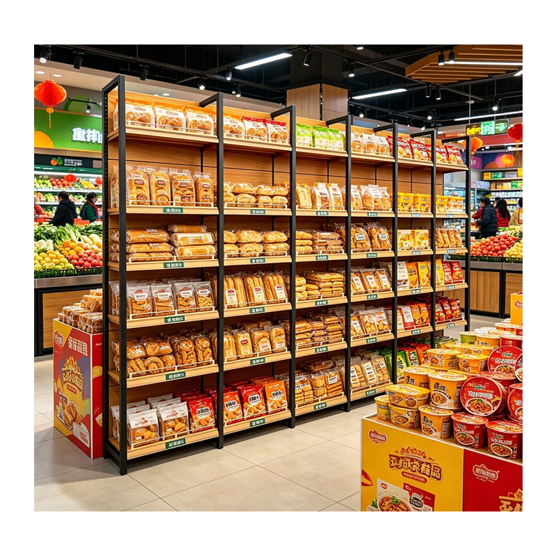 Gui Chang 40-80KG Yellow Wood Grain 4 Post Supermarket Shelf Double Sided Supermarket