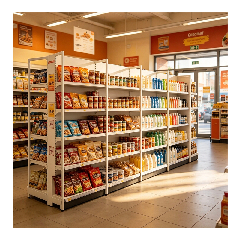 Gui Chang 40-80KG Yellow Wood Grain 4 Post Supermarket Shelf Double Sided Supermarket