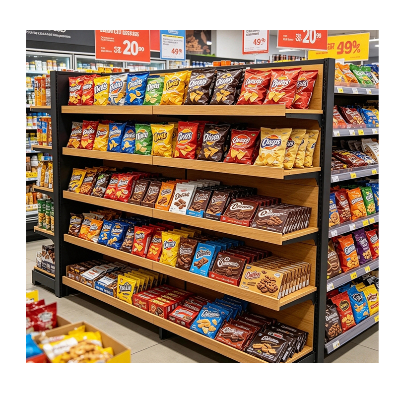 Gui Chang 40-80KG Yellow Wood Grain 4 Post Supermarket Shelf Gondola, Pharmacy Display Shelf