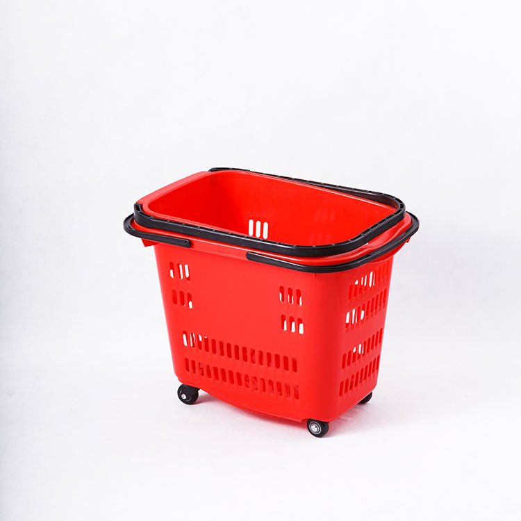 Supermarket Grocery Rolling Shopping Basket with Plastic Handles and  Wheels