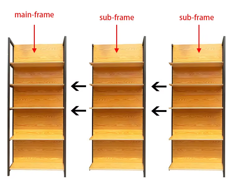 High-quality Stylish Wood Grain Four-post Supermarket Convenience Store Shelf for Placing Valuable Items