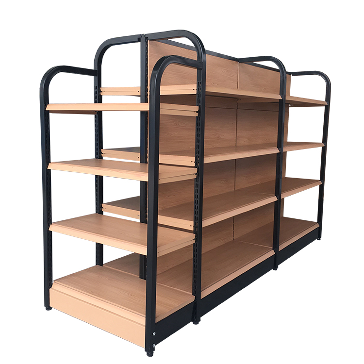 High-quality Stylish Wood Grain Four-post Supermarket Convenience Store Shelf for Placing Valuable Items
