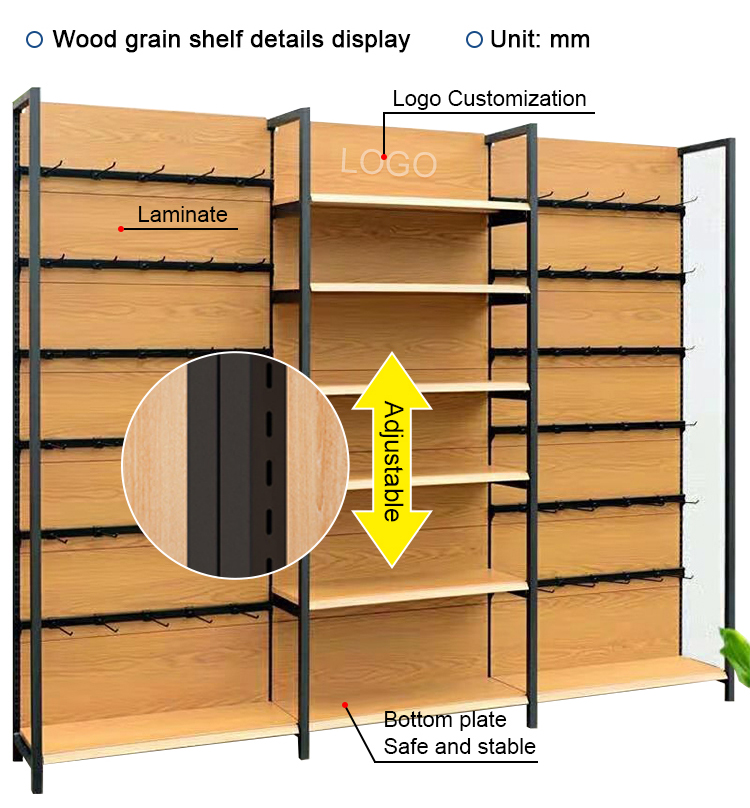 Four-post Shelves, Convenience Store and Supermarket Shelves, Customizable,high-end Tobacco and Alcohol Shelves Wood Grain Color