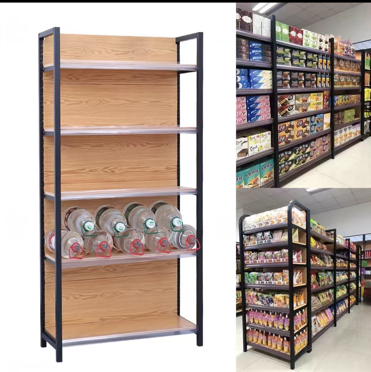 High-quality Stylish Wood Grain Four-post Supermarket Convenience Store Shelf for Placing Valuable Items