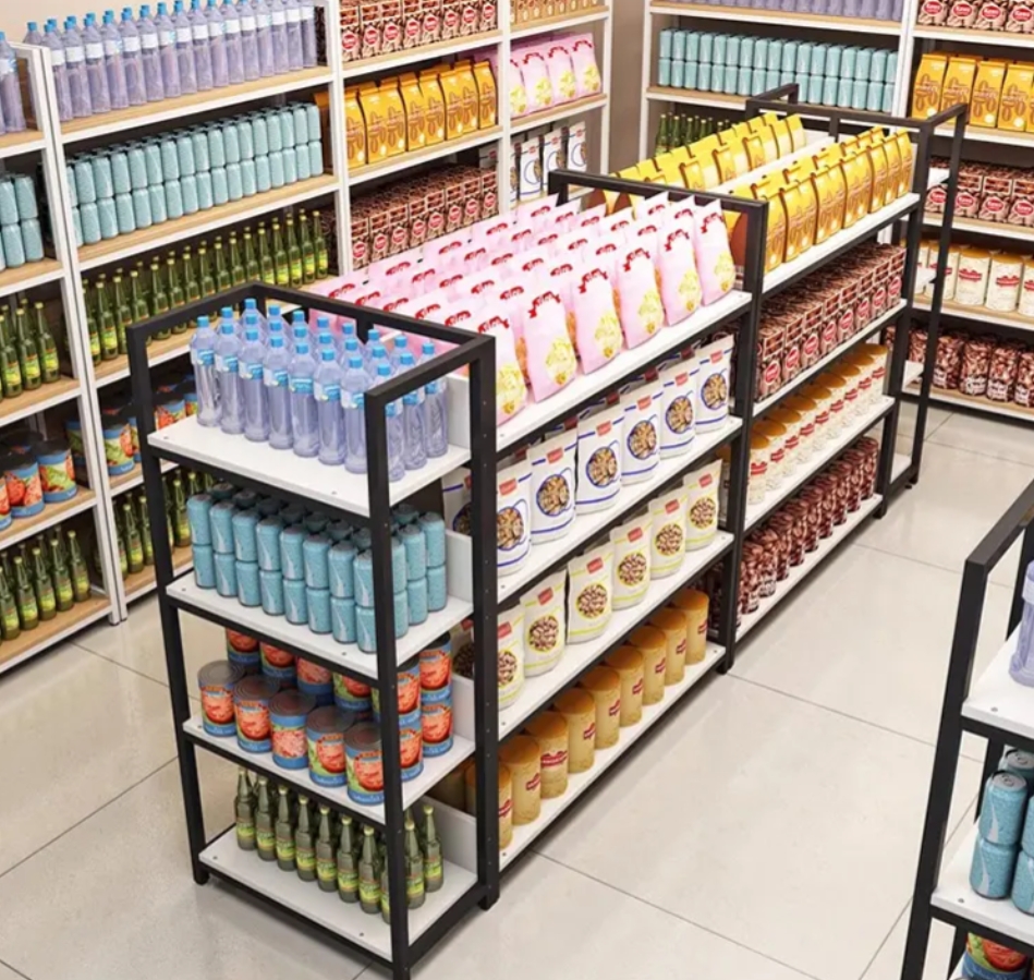 High-quality Stylish Wood Grain Four-post Supermarket Convenience Store Shelf for Placing Valuable Items