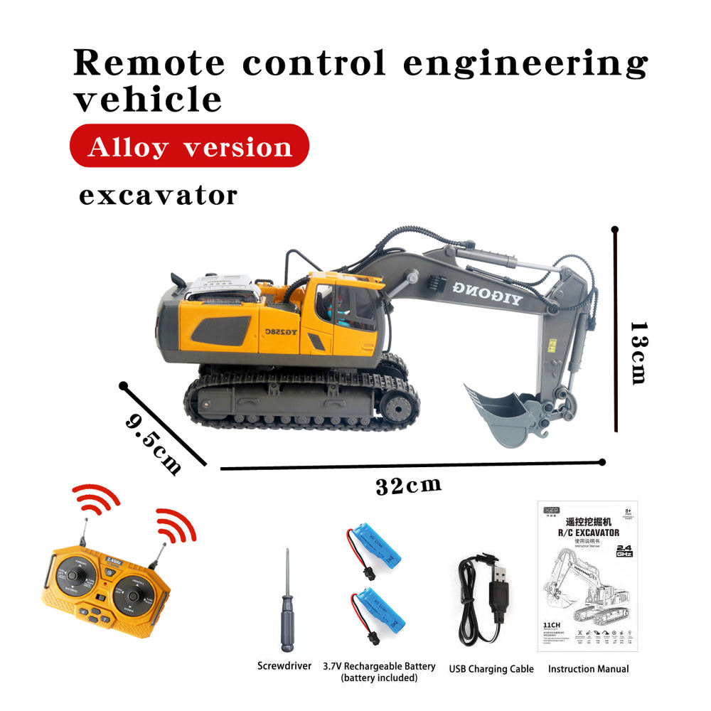 1:20 Alloy 2.4g 9 Channels Rc Excavator Toy Remote Control Truck Digger Sets Music Sounds 30m Range Ready-to-Go RC Construction