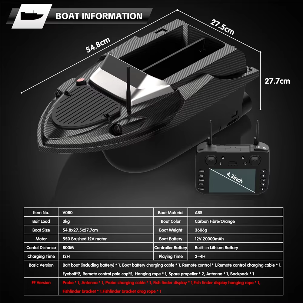 New V080 Bait Boat With Fish Finder 180 Points Gps Bait Boat 120ft Bait Boat Sonar Dual Brush Motor 800 Control Distance
