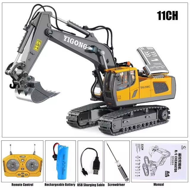 1:24 Scale 2.4G 9 Channel Alloy Excavator RC Car Construction Vehicle Toys with Music Sounds Includes USB Charger Cable
