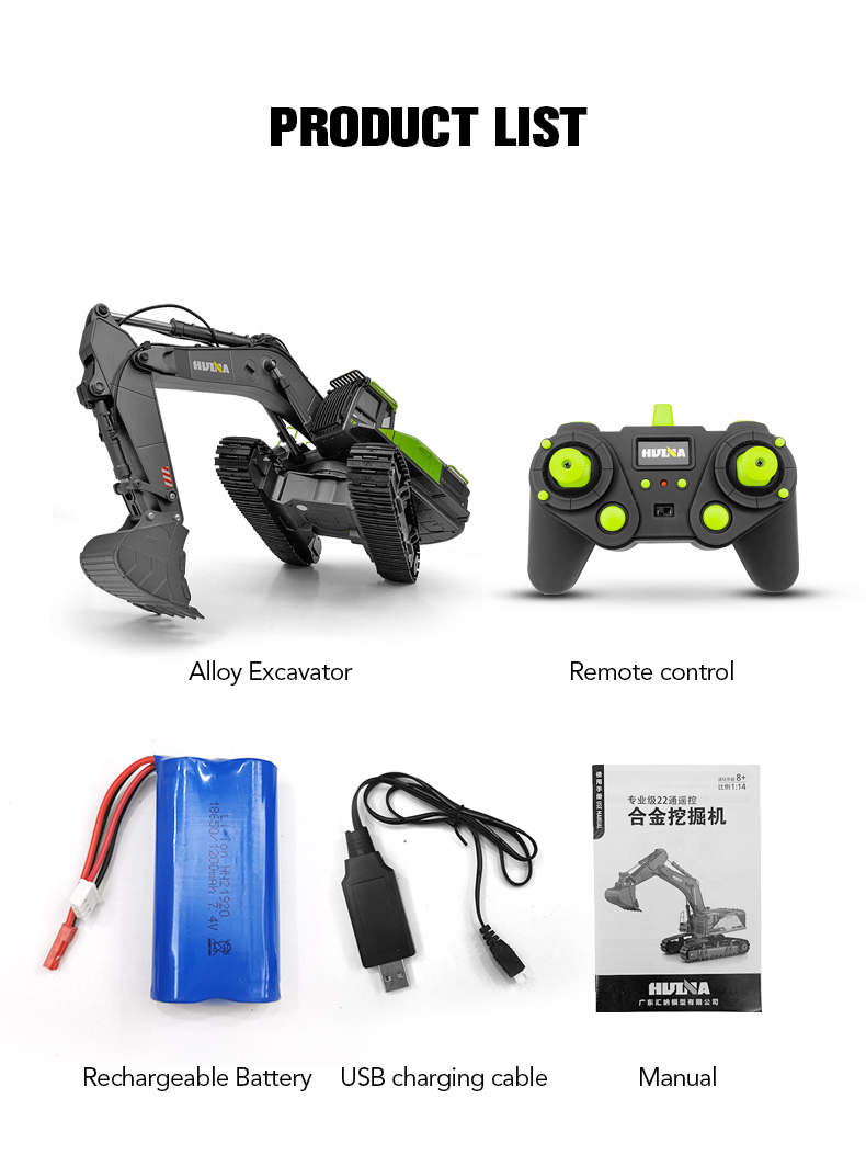 Huina 1593 1:14 RC Excavator 22CH Rotation Alloy Green RC Truck Radio Control Toys Screw Drive Double Track Engineering Vehicle