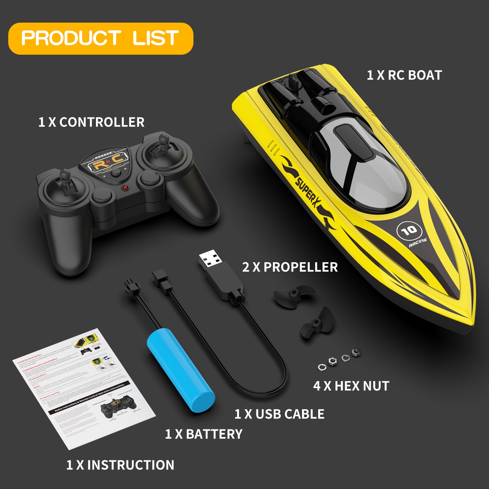 2.4GHz High Speed RC Boat Remote Control Speed Boat with Rechargeable Battery Waterproof Outdoor Toy for Kids