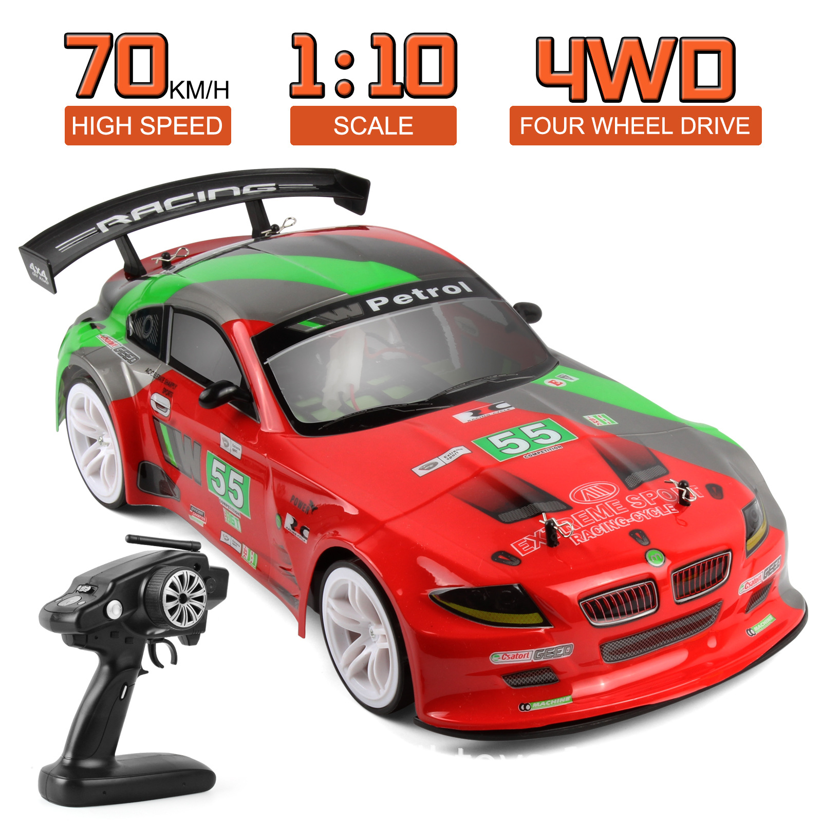 1 to 10 Scale 4WD RC Racing Car Model High Speed 40 to 70Km Per Hour Electric Remote Control Drift Car Expert Charger USB Cable