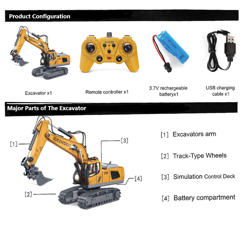 11 Channel Alloy Remote Control Engineering Vehicle Toys 2.4G Wireless Excavator Bulldozer Children's Excavator Wholesale Toys