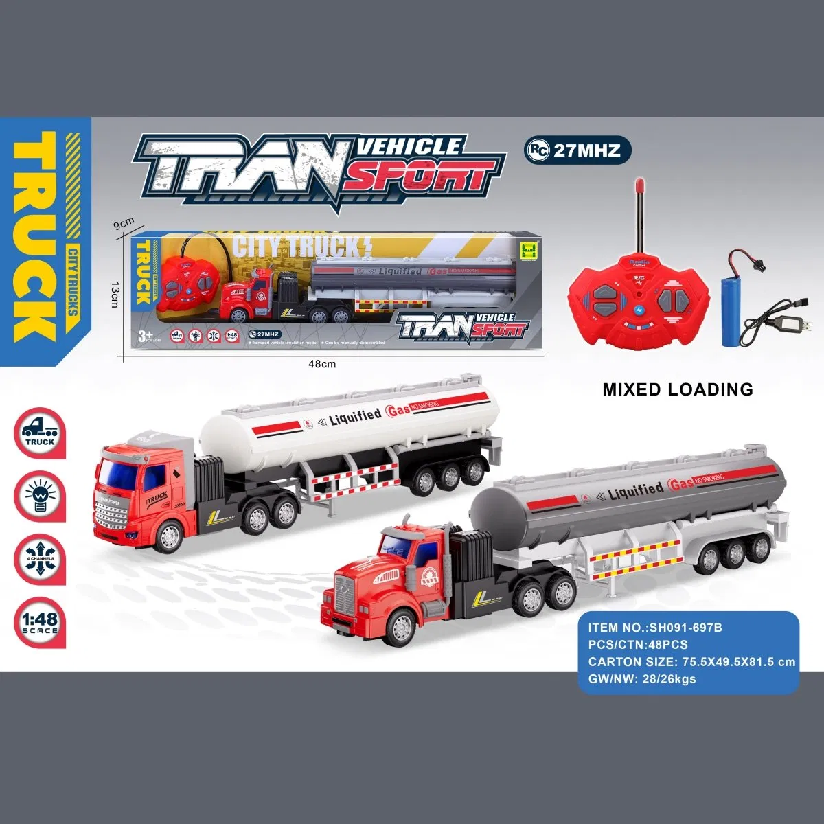 1: 48 The Four-Way Lighting Engineering Trailer-Mounted Remote Control Vehicle with Gcc Certificate (including 3.7V rechargeable battery and USB charging cable)