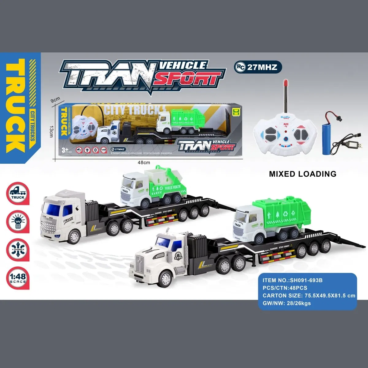 1: 48 The Four-Way Lighting Engineering Trailer-Mounted Remote Control Vehicle with Gcc Certificate (including 3.7V rechargeable battery and USB charging cable)