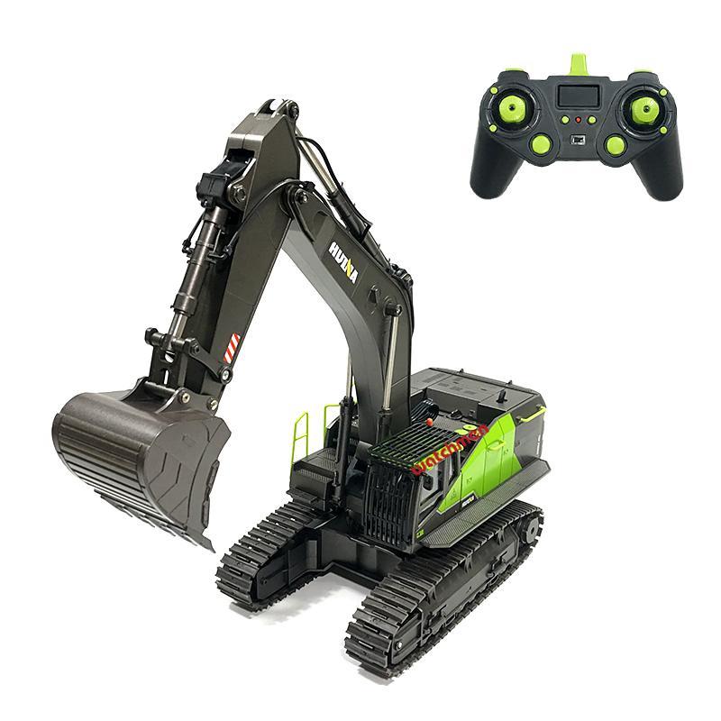 Huina 1593 1:14 RC Excavator 22CH Rotation Alloy Green RC Truck Radio Control Toys Screw Drive Double Track Engineering Vehicle