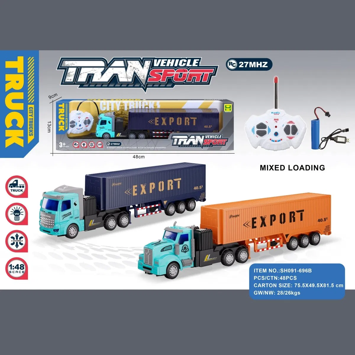 1: 48 The Four-Way Lighting Engineering Trailer-Mounted Remote Control Vehicle with Gcc Certificate (including 3.7V rechargeable battery and USB charging cable)