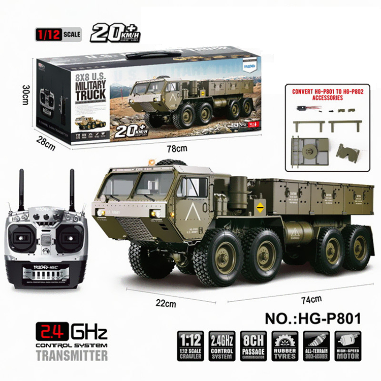 LEHOO Toys HG-P801 1/12 8CH 2.4G RC Car 8X8 Military Truck Simulation Electric Brushed Rock Crawler