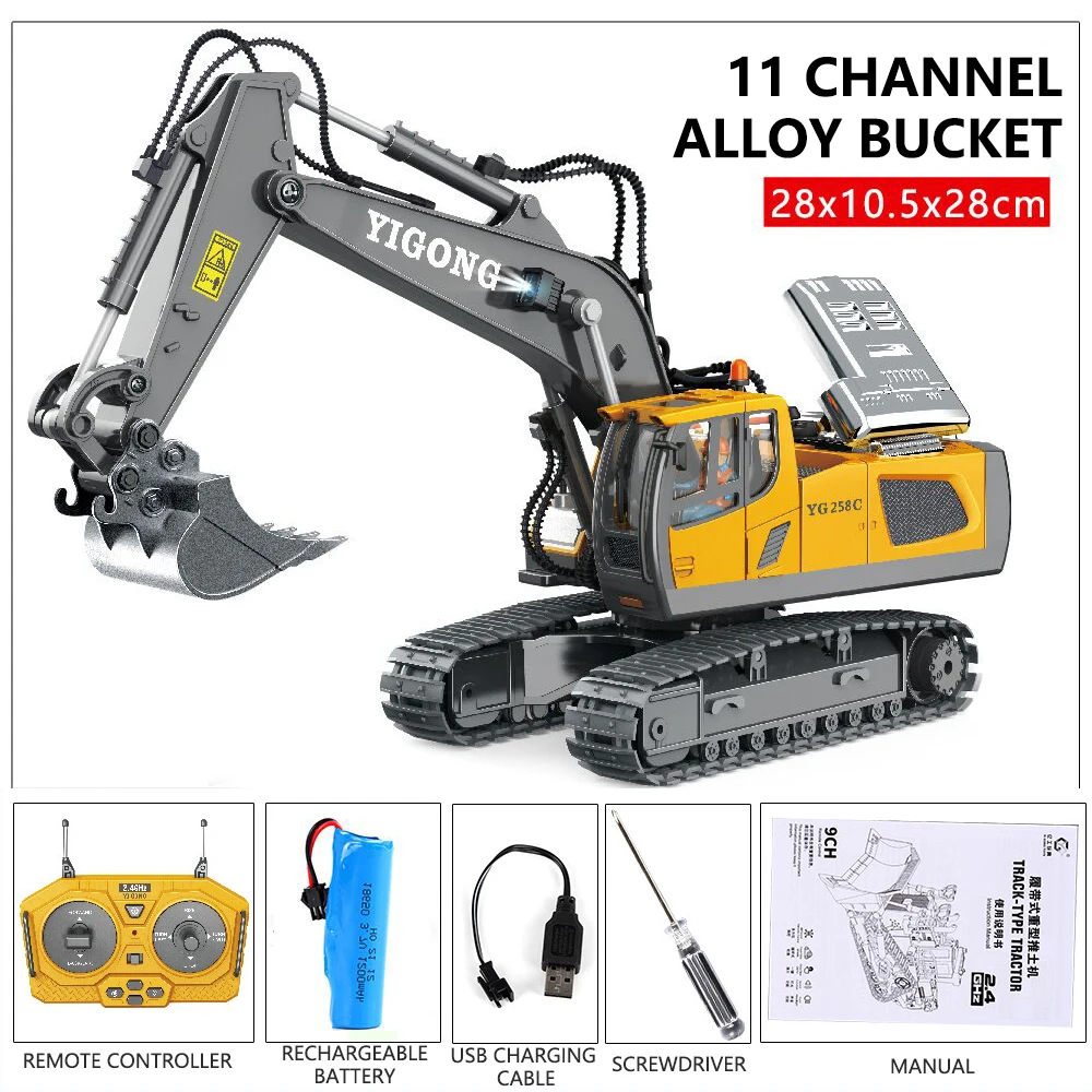 11 Channel Alloy Remote Control Engineering Vehicle Toys 2.4G Wireless Excavator Bulldozer Children's Excavator Wholesale Toys
