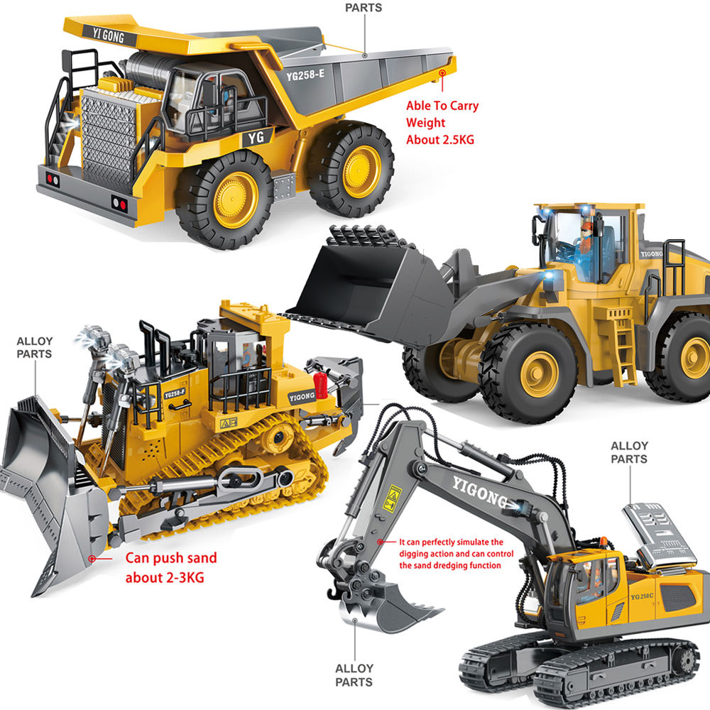 1:20 Alloy 2.4g 9 Channels Rc Excavator Toy Remote Control Truck Digger Sets Music Sounds 30m Range Ready-to-Go RC Construction