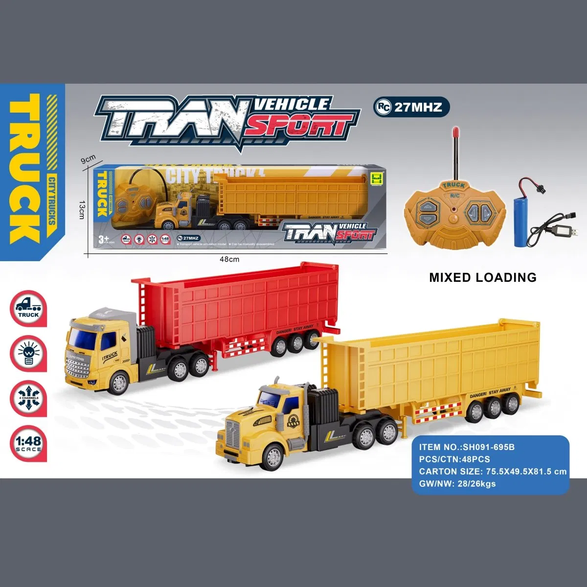 1: 48 The Four-Way Lighting Engineering Trailer-Mounted Remote Control Vehicle with Gcc Certificate (including 3.7V rechargeable battery and USB charging cable)
