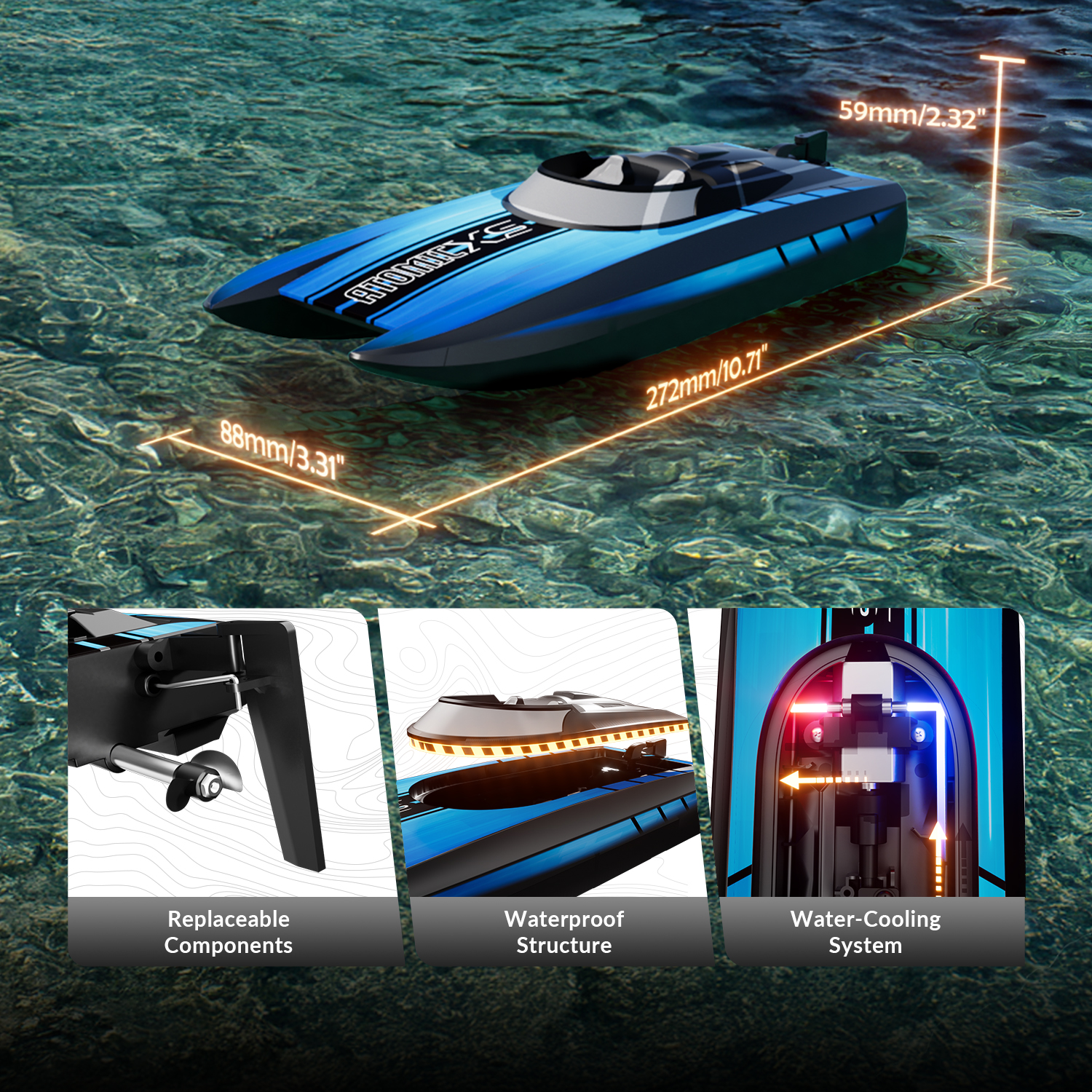 VOLANTEXRC Black 20+MPH Atomic XS High Speed RC Boat for Kids or Adults Toy Gifts 79505