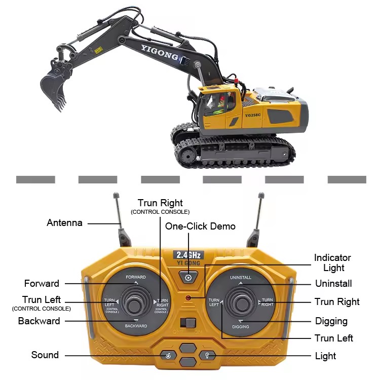 1:24 Scale 2.4G 9 Channel Alloy Excavator RC Car Construction Vehicle Toys with Music Sounds Includes USB Charger Cable