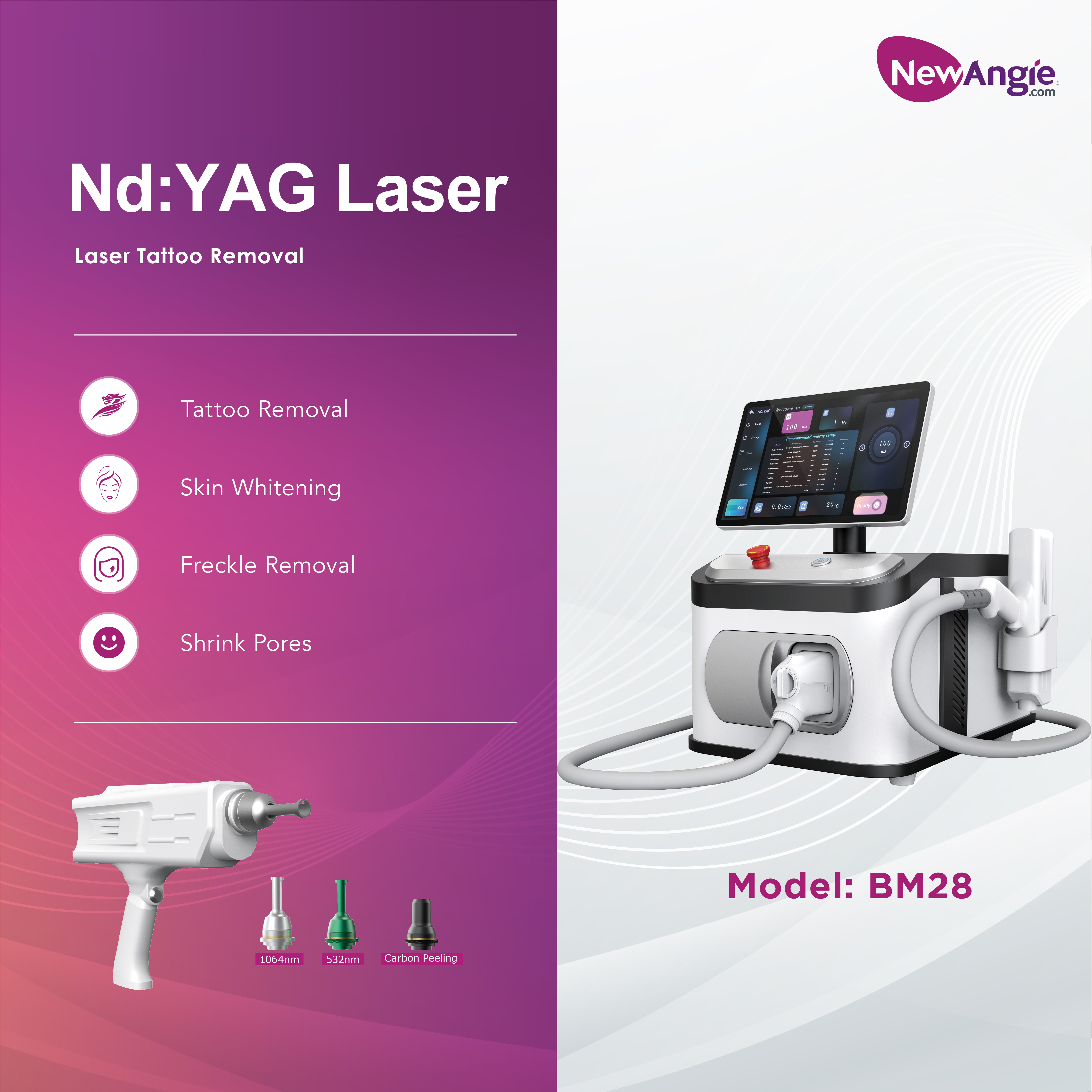 Newangie Portable NdYag Laser Tattoo Removal Machine 1064nm/532nm/1320nm Wavelengths Water/Air Cooling Beauty Technology