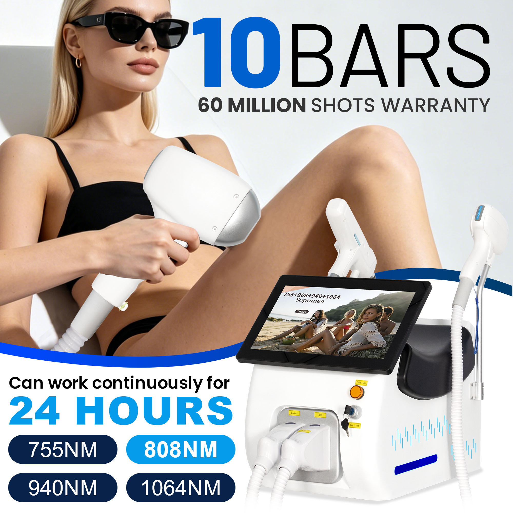 10 Bars Skin Cooling High Power 2in1 4 Wave Diode Laser 755/808/940/1064nm &amp; Q Switch Nd Yag Laser Tattoo Removal For Salon Home
