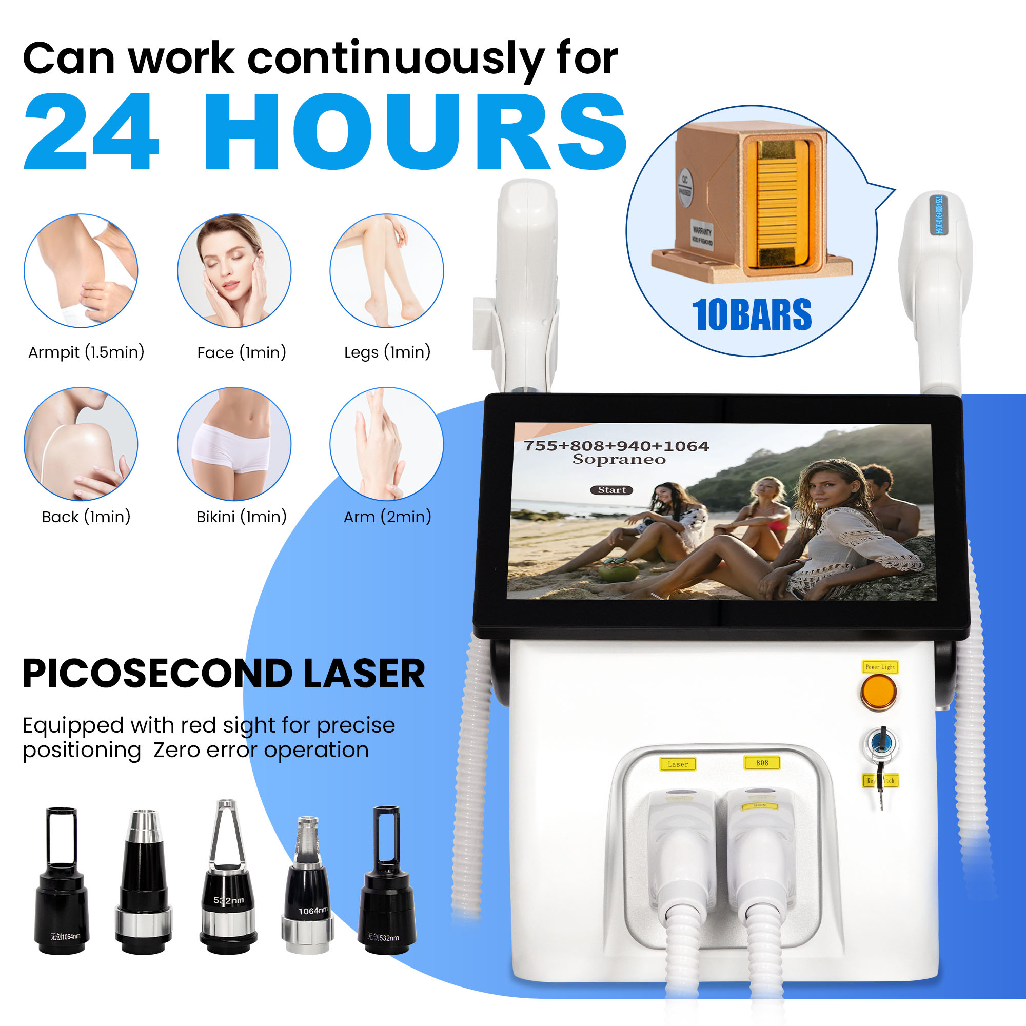 10 Bars Skin Cooling High Power 2in1 4 Wave Diode Laser 755/808/940/1064nm &amp; Q Switch Nd Yag Laser Tattoo Removal For Salon Home