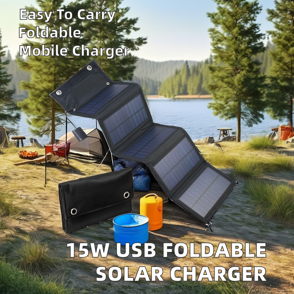 Factory Direct Sale 15W Portable Monocrystalline Silicon Foldable Solar Panel USB Hand-Held Mobile Phone Charger for Camping