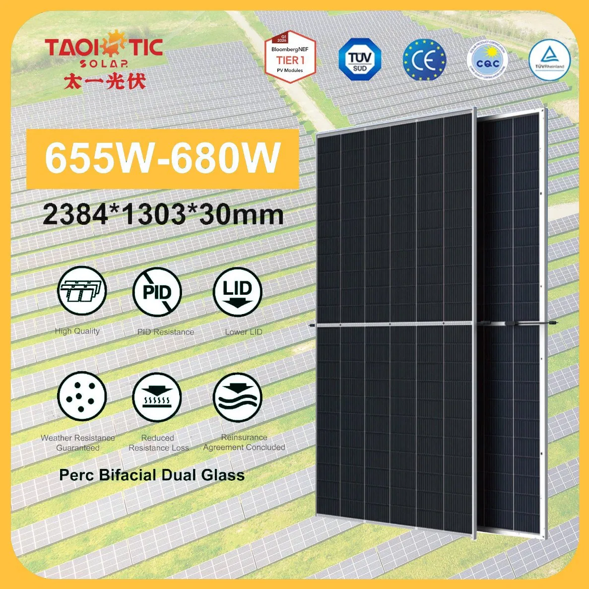 Taoistic Tier 1 Aluminum Frame Lightweight Dual Glass Bifacial Monocrystalline 655-680W Perc Bifacial Dual Glass Solar Panel