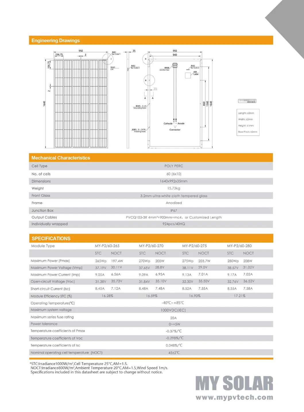 Mypvtech 265W 270W 280W Monocrystalline Solar Panel High Efficiency Type for Energy Conversion