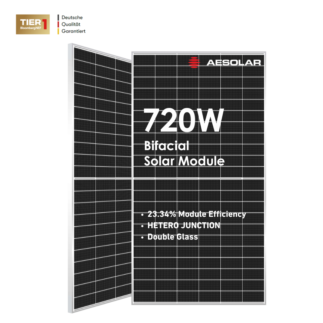 AE Solar 720W BIFACIAL Double Glass - N-TYPE HJT Solar Module 132 Half-Cut Cells | 210mm Silver Frame Tier1 Solar Panel