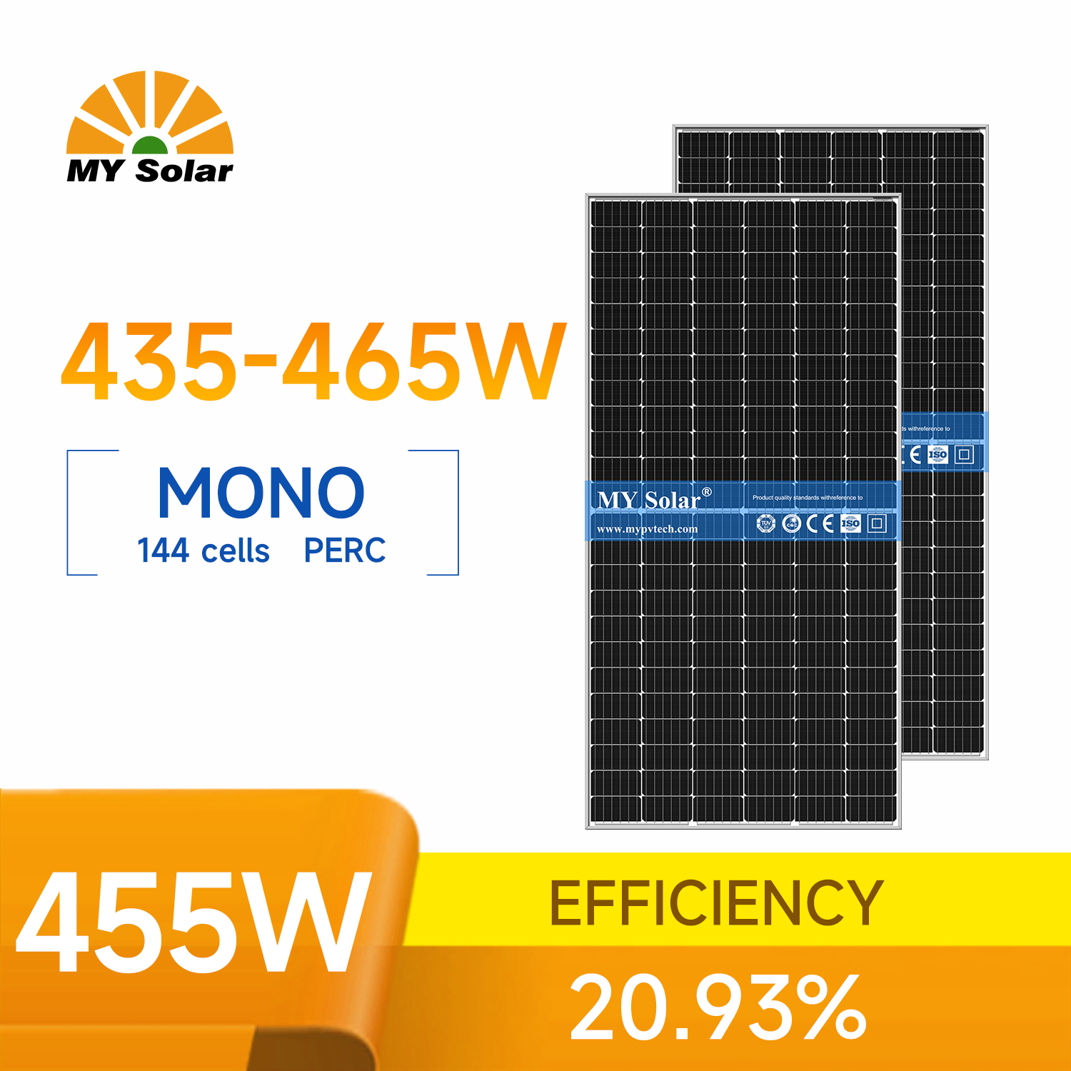 2026 MYPVTECH SOLAR Monocrystalline 20.93% Efficiency Glass 455Watt Solar Panels for Home Use N-type