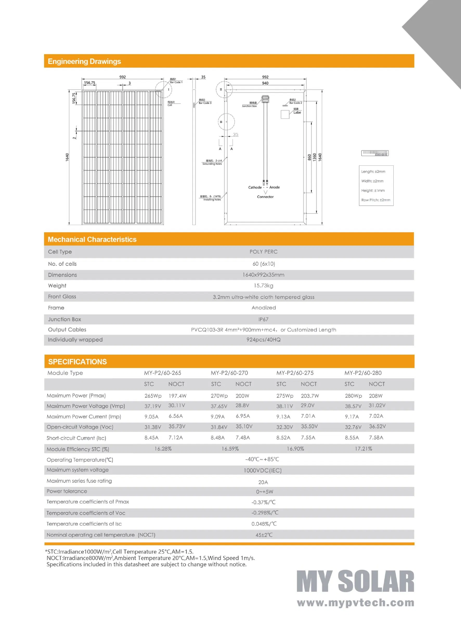 Mypvtech 265W 270W 280W Monocrystalline Solar Panel High Efficiency Type for Energy Conversion